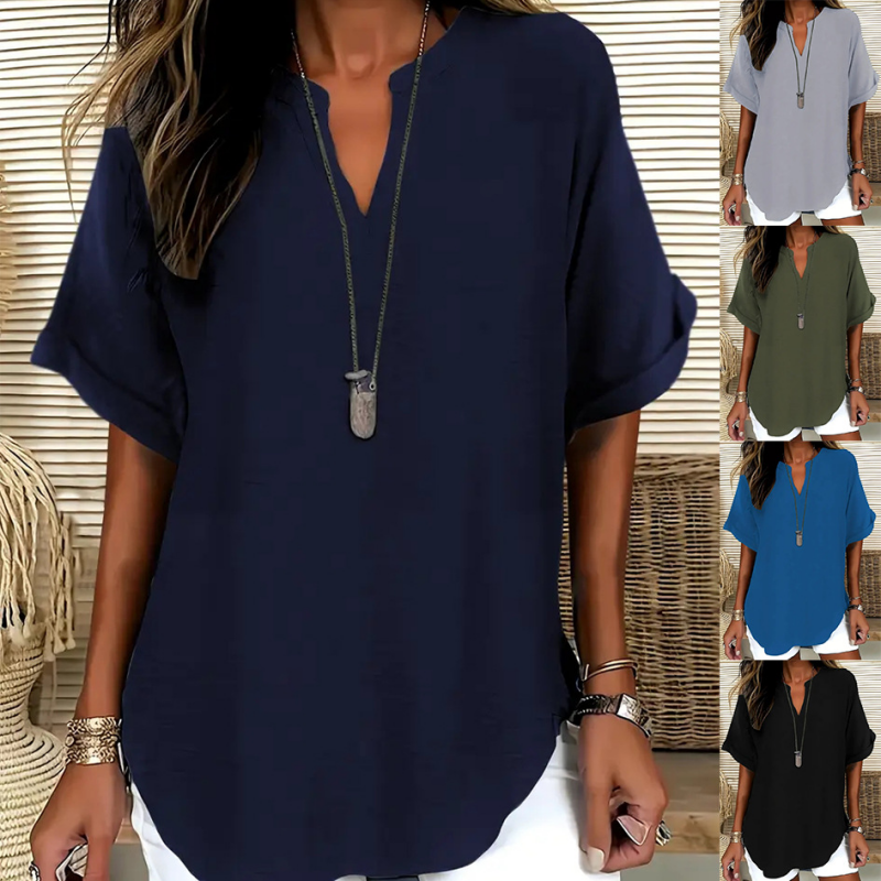 👚50% OFF! 🔥Fashion Loose Short Sleeve Top – Notched V-Neck, Asymmetrical Hem & Lightweight Fabric (5 Colors, S–2XL) 👕🌸