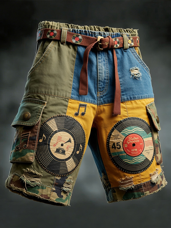 Men's Retro Record Camouflage Art Print Denim-Like Casual Shorts