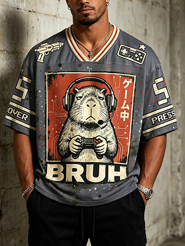 Men's Pixel Style Capybara Illustration Print Casual V Neck T-Shirt