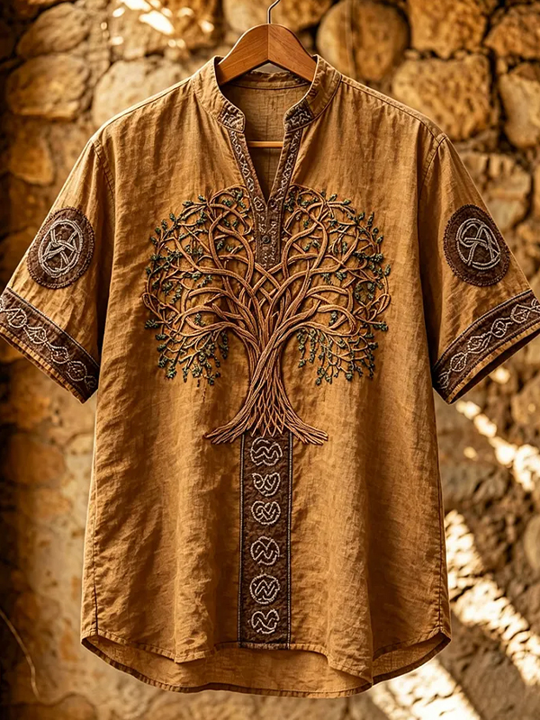 Men's Viking Celtic Knot Tree of Life Print Casual Notch Neck T-Shirt