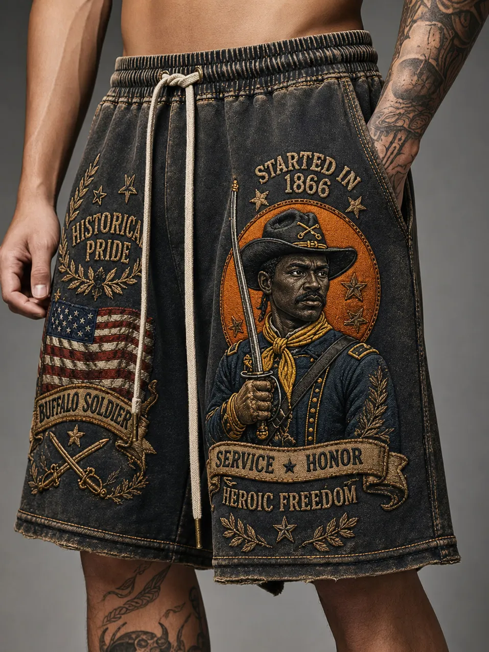 Men's Buffalo Soldier 1866 Historical Pride Service Honor Print Casual Shorts