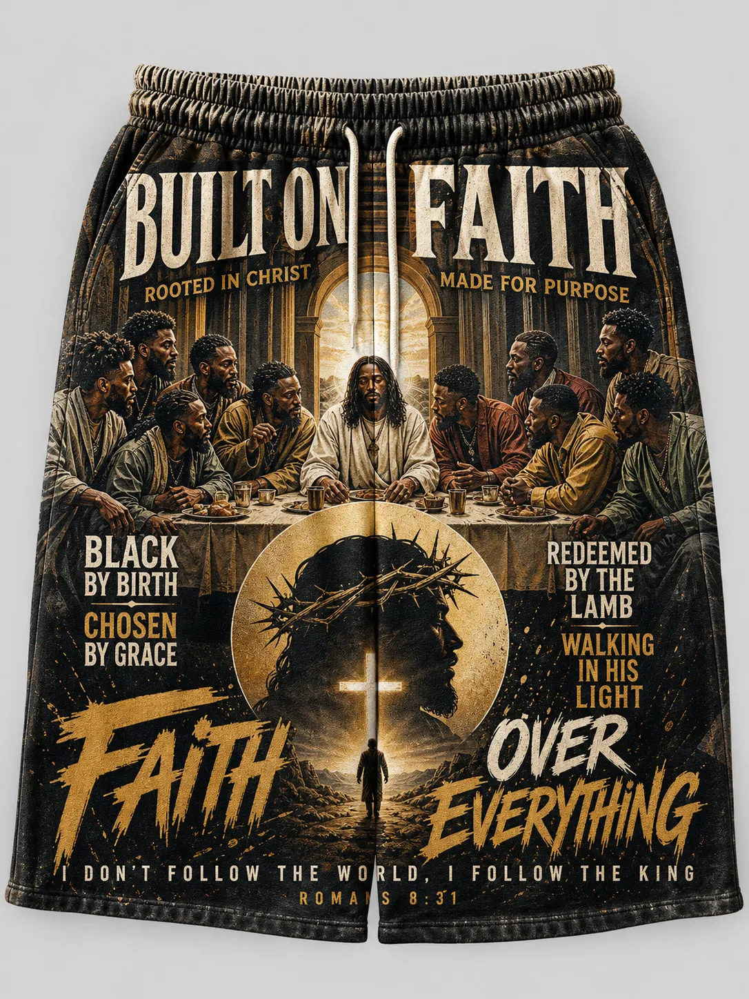 Men's Faith Black Last Supper Faith Over Everything Print Casual Shorts