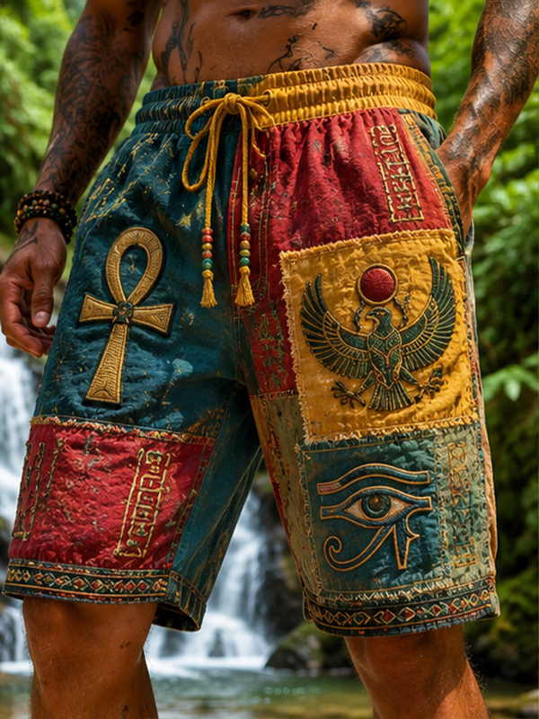 Men's Vintage Ancient Egyptian Patchwork Fabric Art  Casual Shorts