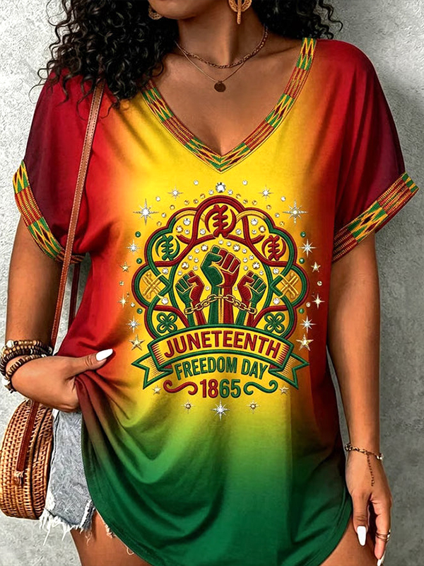 Women's Juneteenth Freedom Day 1865 Art Print V Neck Short Sleeve T-Shirt