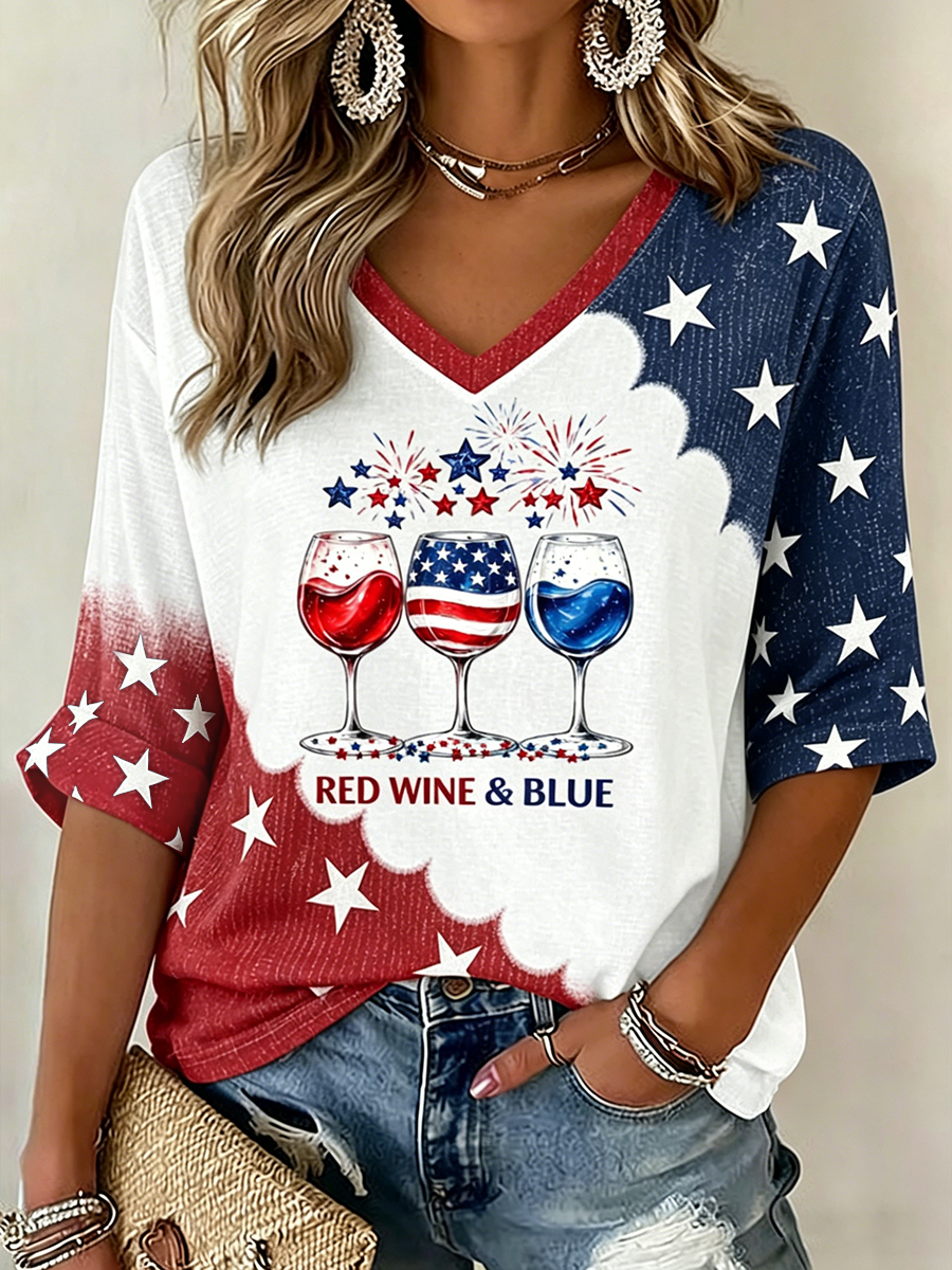 Women's USA Wine Glass V-Neck Tee 4th of July Celebration Short Sleeve