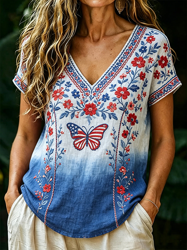 Women's Butterflies And Floral American Flag Print V Neck T-Shirt