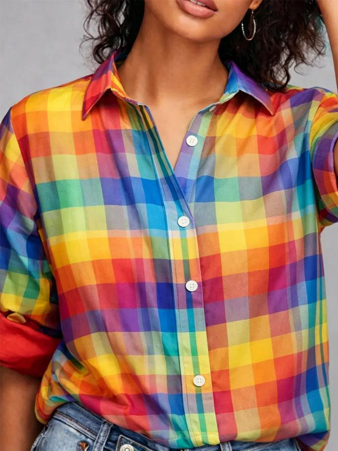 Women's Rainbow Plaid All Over Print Long Sleeve Shirt