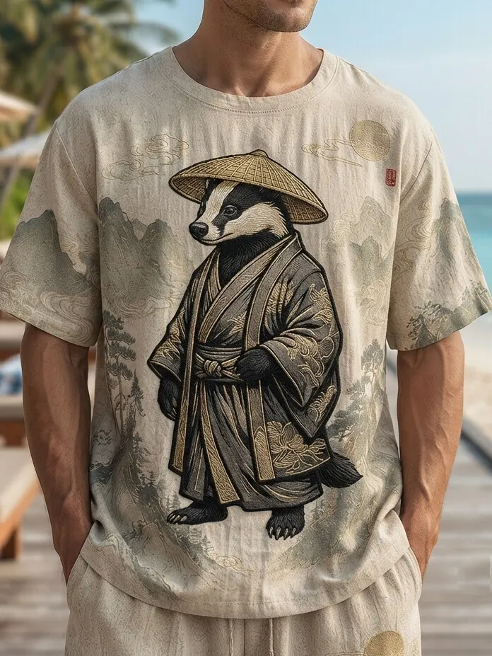 Men's Badger In Woven Hat Kimono Mountain Cloud Japanese Art Print T-Shirt