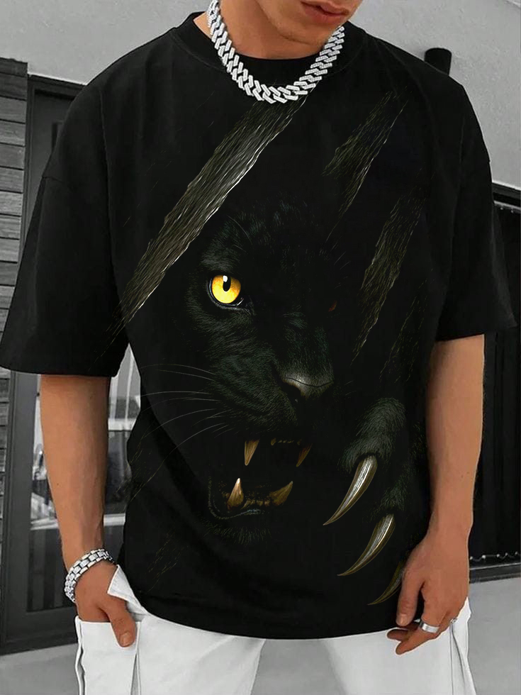 Men's Black Panther Claw Mark Print Drop Shoulder Casual T-Shirt