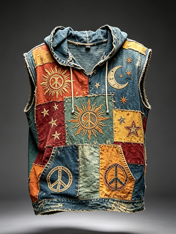 Men'S Hippie Sun And Moon Patchwork Art Print Workout Hooded Tank Top