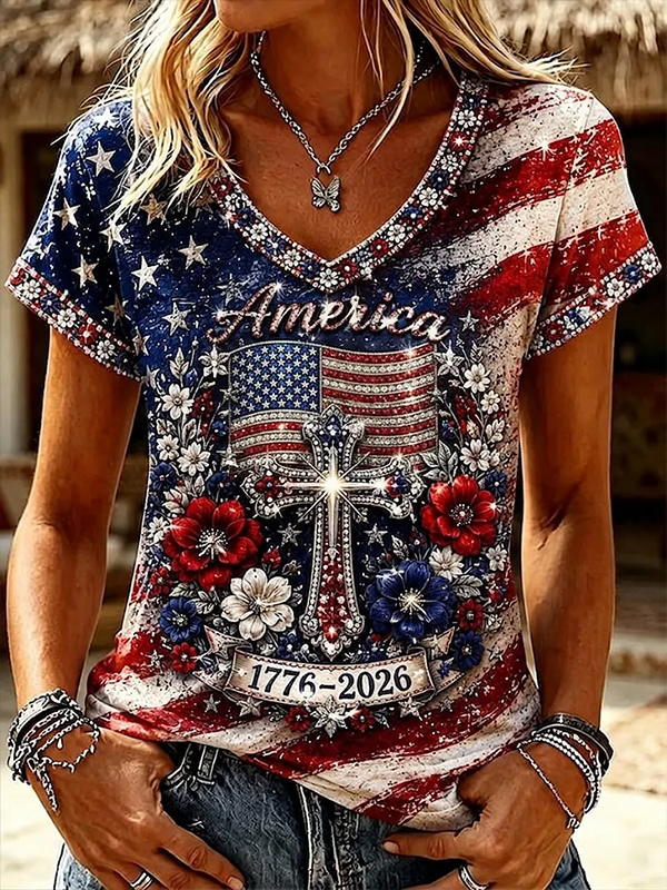 Women's America Floral Cross Stars and Stripes Print Casual V Neck T-Shirt