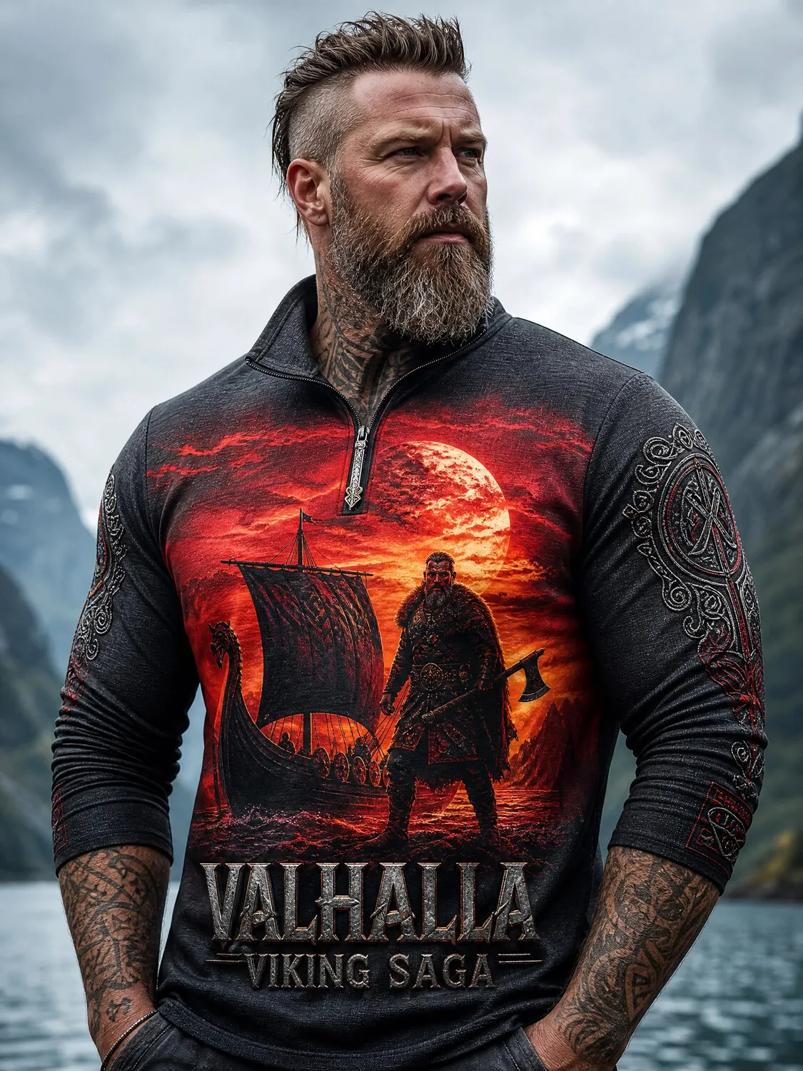 Men's Viking Warrior Red Moon Longship Valhalla Saga Art Print Half Zip Sweatshirt