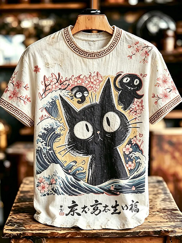Men's Vintage Black Cat Japanese Ukiyo-e Wave Print T-Shirt