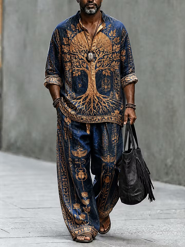 Men's Tree Of Life Pharaoh Totem Print Half Button Long Sleeve Shirt Pants 2pcs Set