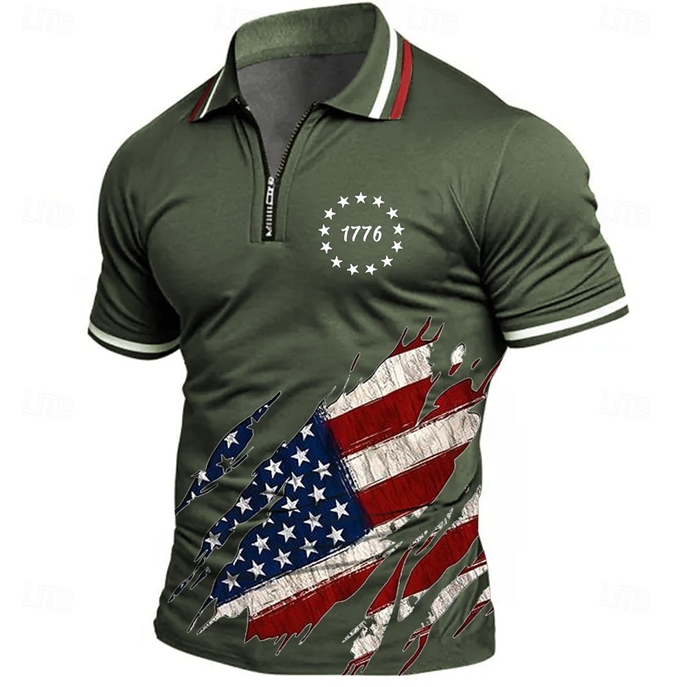 4th of July 2026 250th Men's American US Flag Zip Polo Shirts Short Sleeve Polo Shirts Collared Shirts Casual Athleisure Daily Wear 3D Print Summer Blue Green Gray