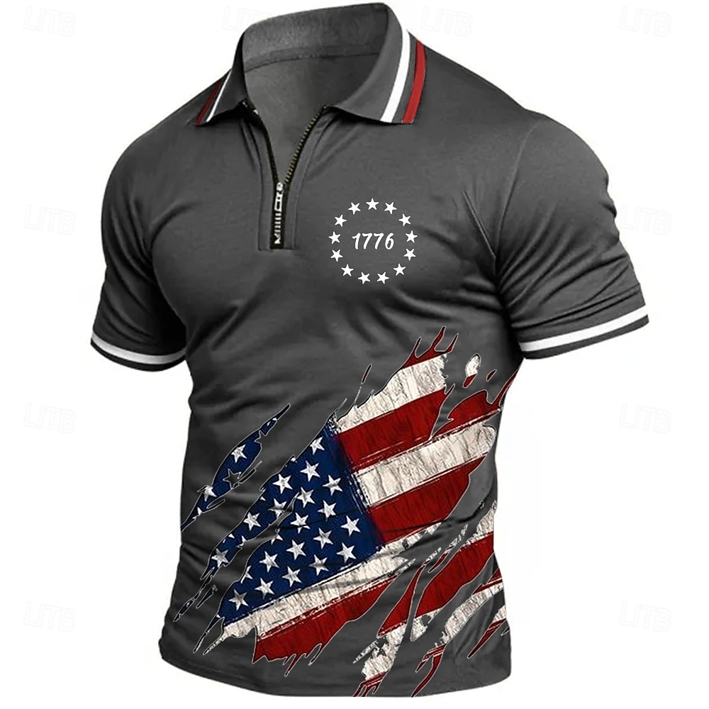 4th of July 2026 250th Men's American US Flag Zip Polo Shirts Short Sleeve Polo Shirts Collared Shirts Casual Athleisure Daily Wear 3D Print Summer Blue Green Gray