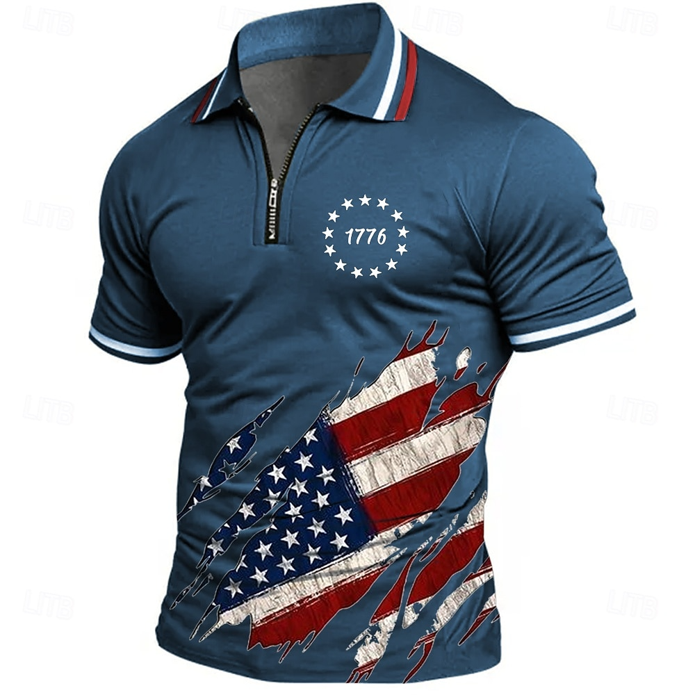 4th of July 2026 250th Men's American US Flag Zip Polo Shirts Short Sleeve Polo Shirts Collared Shirts Casual Athleisure Daily Wear 3D Print Summer Blue Green Gray
