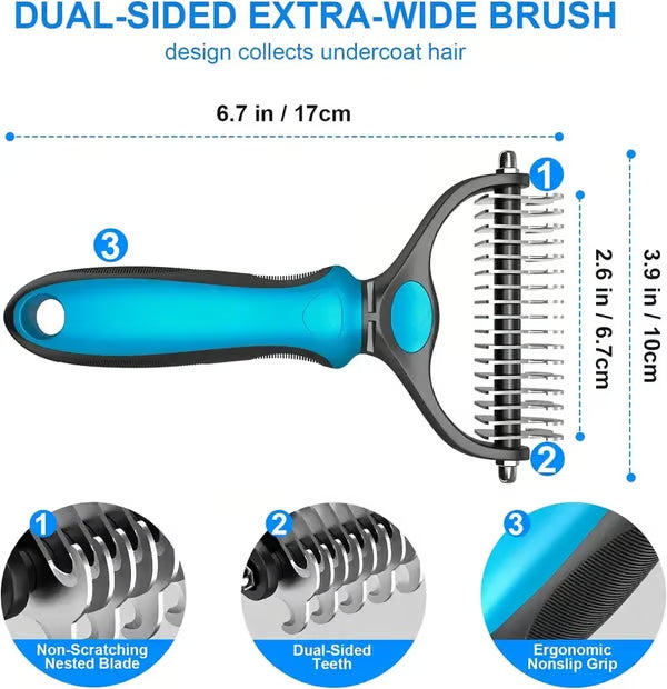 🔥Hot Sale 50% OFF!!🐾Professional Double-Sided Pet Grooming Rake ✨ Undercoat Deshedding Tool for Dogs & Cats 🐶🐱