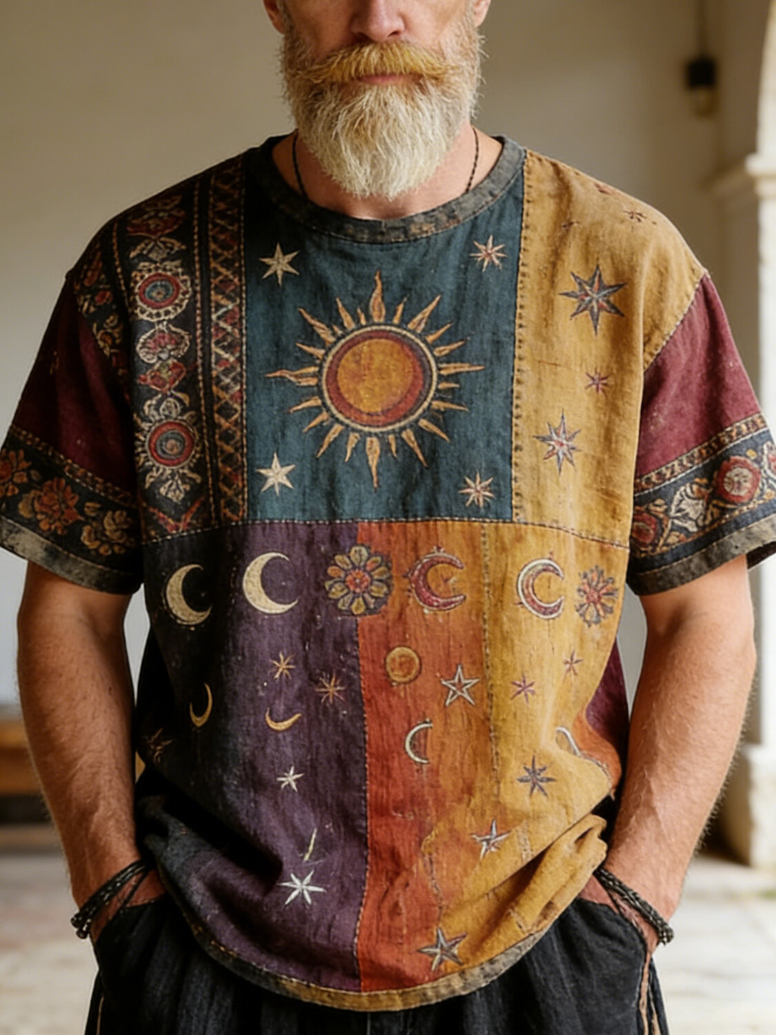 Men's Colorblock Star Sun And Moon Hippie Art Print Casual T-Shirt