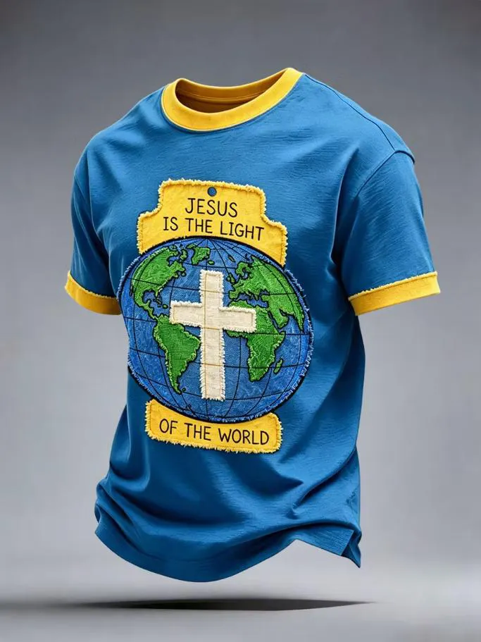 Men's Jesus Is The Light Globe Cross Patch Contrast Print T-Shirt