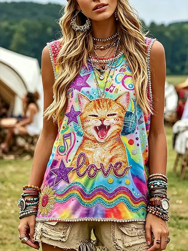 Women's Rainbow Tie Dye Orange Cat Love Music Note Rhinestone Print Casual Tank Top