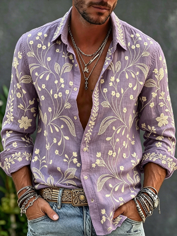 Men's Floral Art Print Long Sleeve Shirt