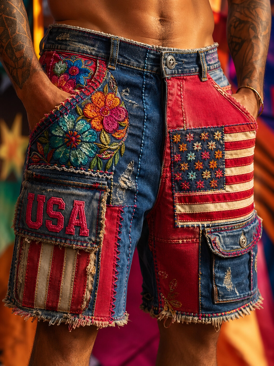 Men's USA Floral Stars and Stripes Print Cargo Shorts