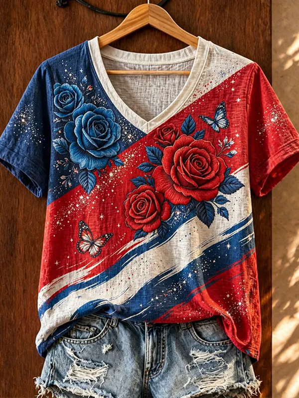 Women's Red Blue Colorblock Rose Butterfly Print V Neck T-Shirt