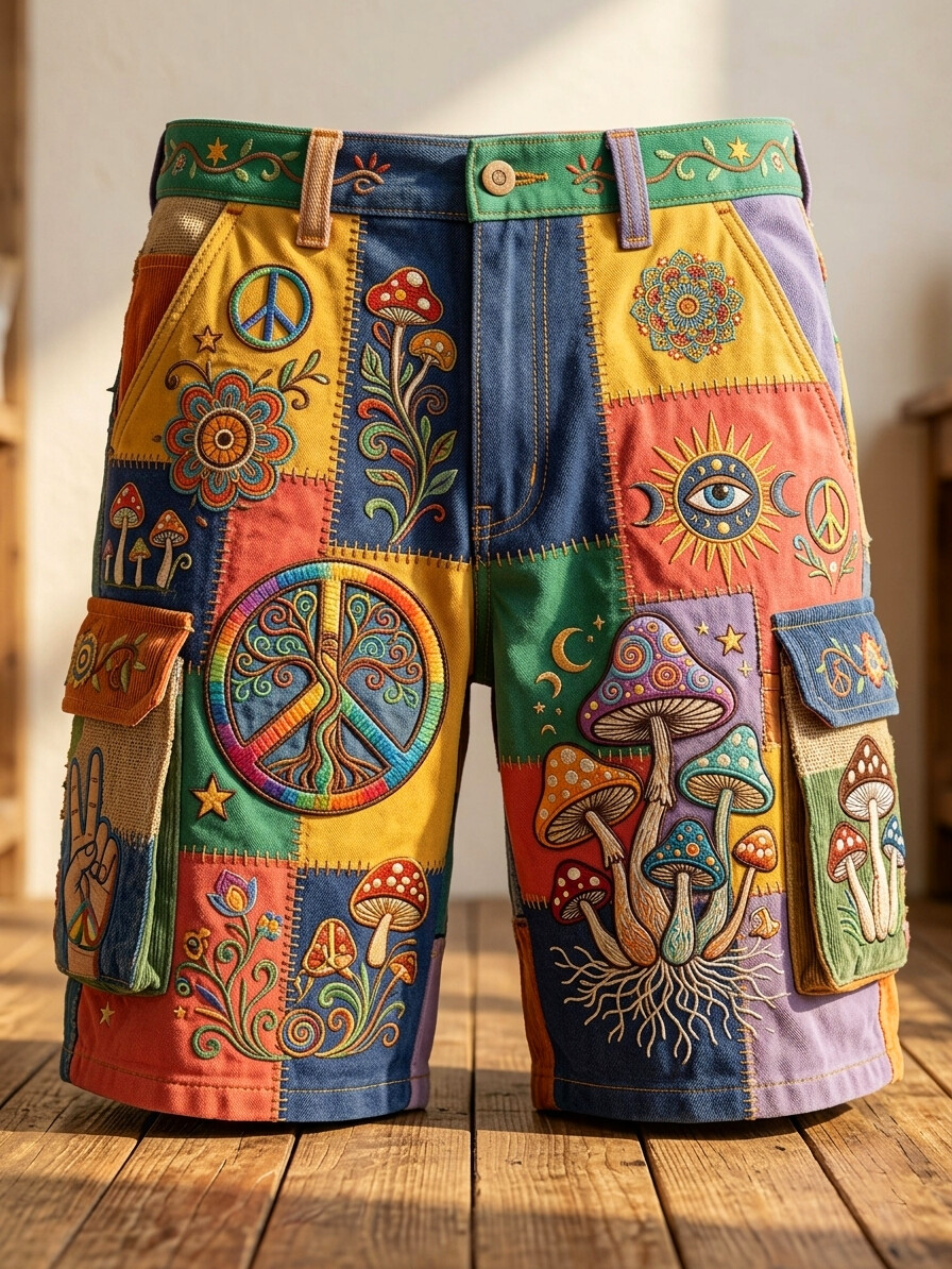 Men's Colorblock Hippie Art Mushroom Peace Sign Print Cargo Shorts