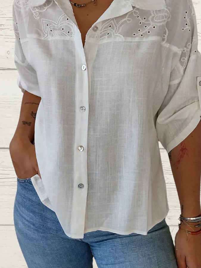 Women'S Casual Solid Color Lapel Stitching Lace Shirt