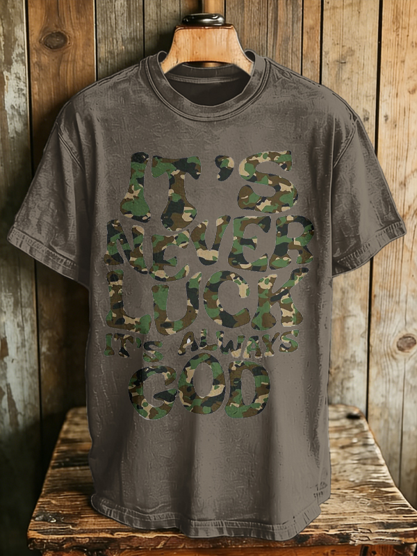 Men's Camo Pattern It's Never Luck It's Always God Print Cotton Casual T-Shirt
