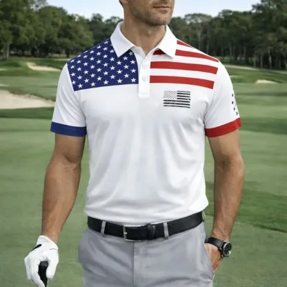 Men's USA Flag Patriotic Golf Polo Shirt | Moisture Wicking American Flag Performance Golf Apparel