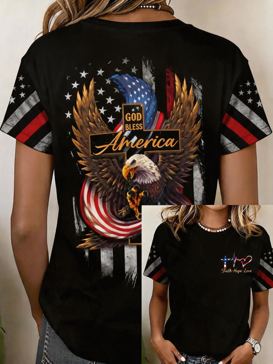 Women's Red White & Blue Faith Print Independence Day Tee