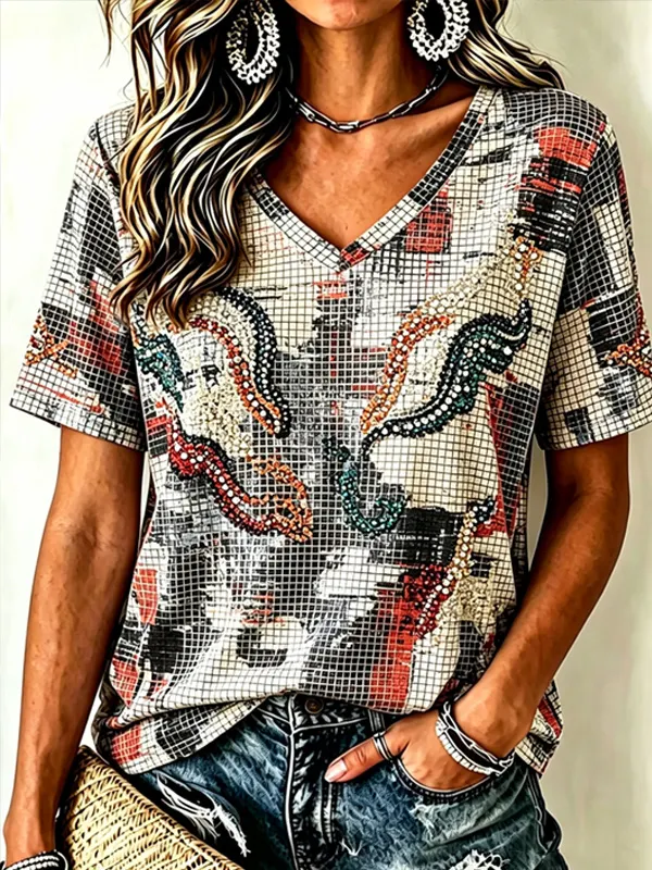 Women's Colorful Rhinestone Snake Grid Art Print V Neck Short Sleeve T-Shirt