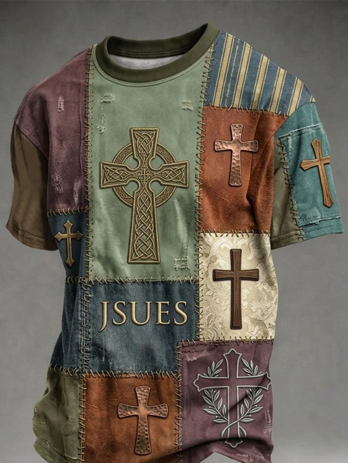 Men's Color Block Jesus Crucifix Print Casual T-Shirt