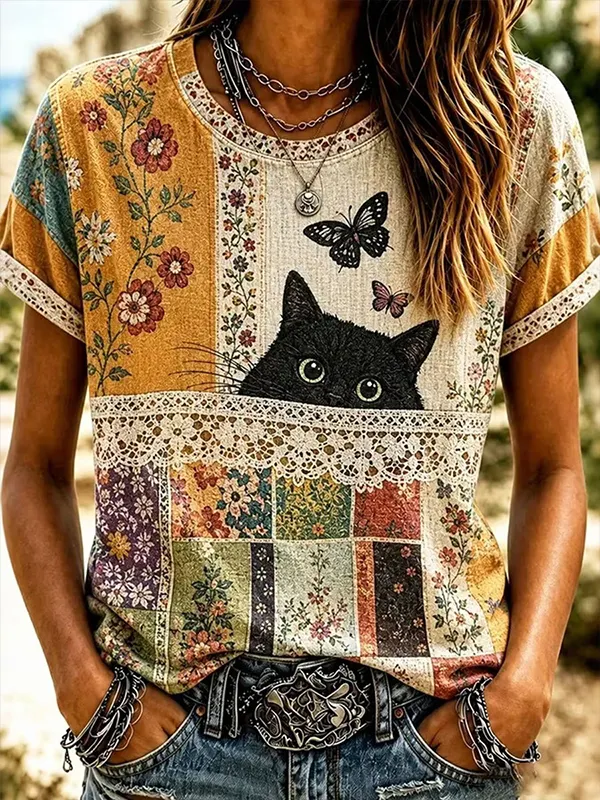 Women's Cute Black Cat Boho Floral Patchwork Print Casual T-Shirt