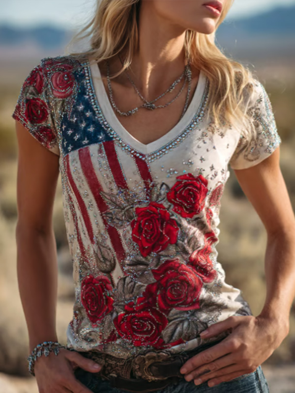 Women's American Flag Vintage Floral Print V Neck T-Shirt