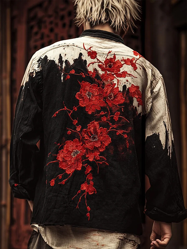 Men's Contrast Color Red Floral Print Long Sleeve Shirt