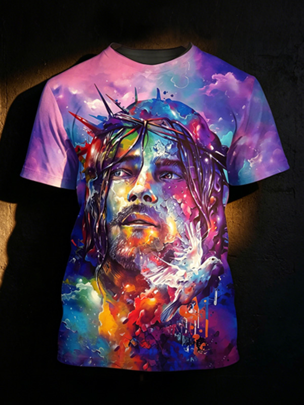 Men's Vibrant Colorful Abstract Jesus Art Print T-Shirt
