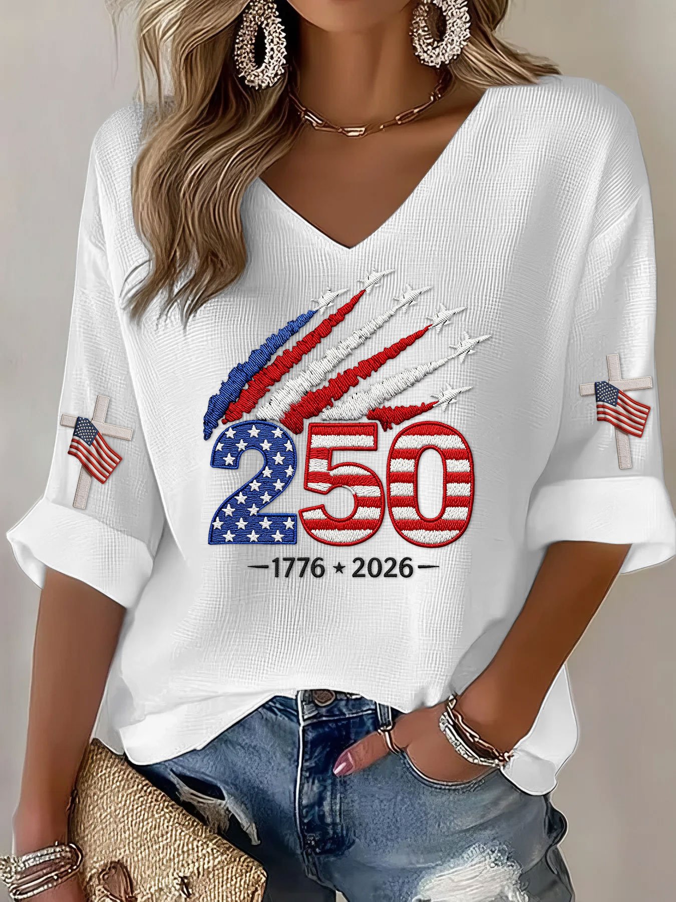Women's USA 250th Anniversary Patriotic T-Shirt, 1776-2026 Flag Print Tee