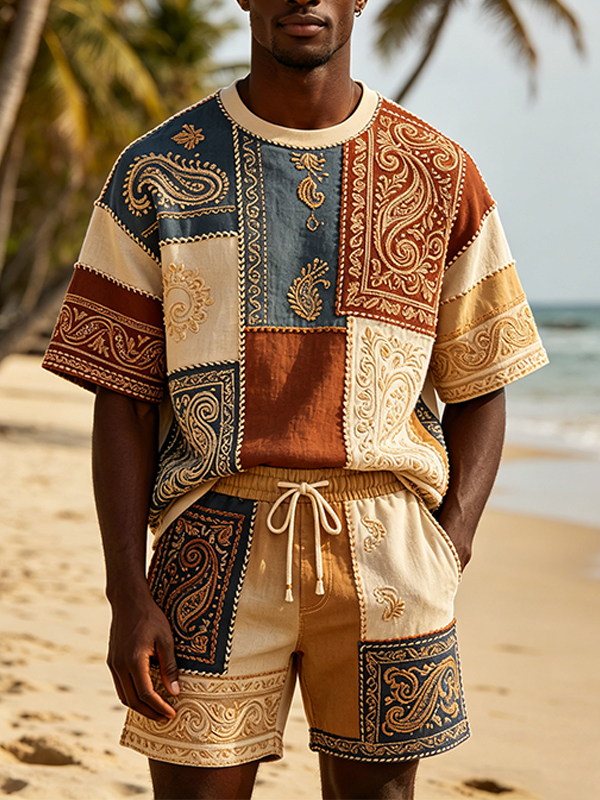 Men's Paisley Patchwork Art Print T-Shirt Shorts Set