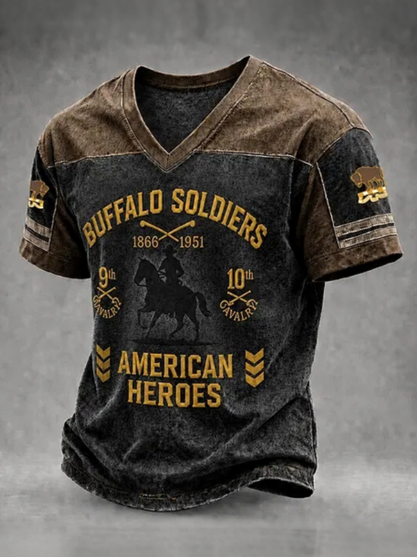 Men's Buffalo Soldiers American Heroes Print Casual V Neck T-Shirt