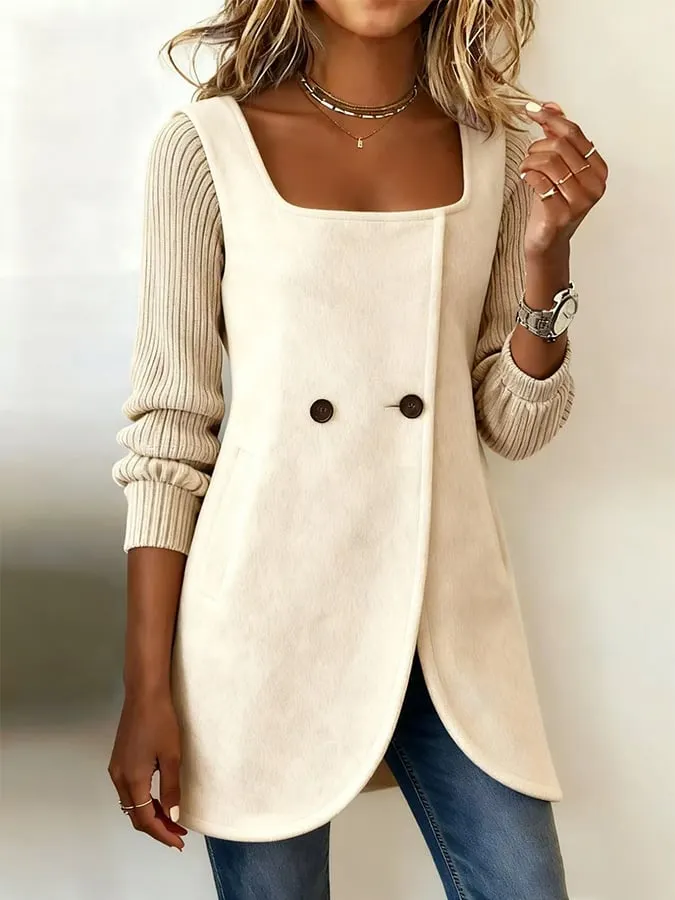 Women'S Casual Square Collar Long Sleeve Splicing Coat
