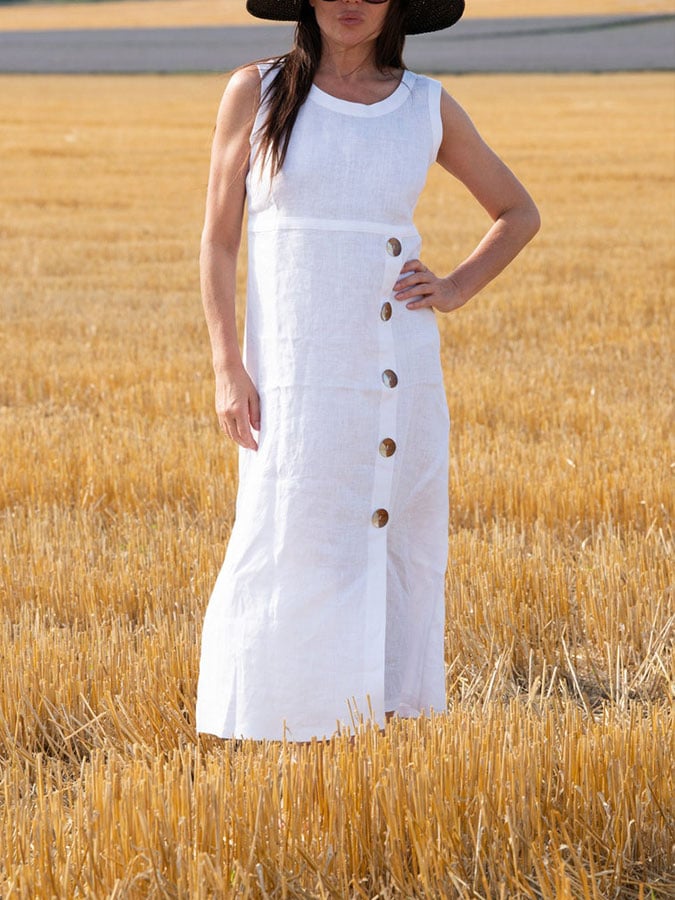 Women's Casual Button Down Cotton Linen Sleeveless Dress