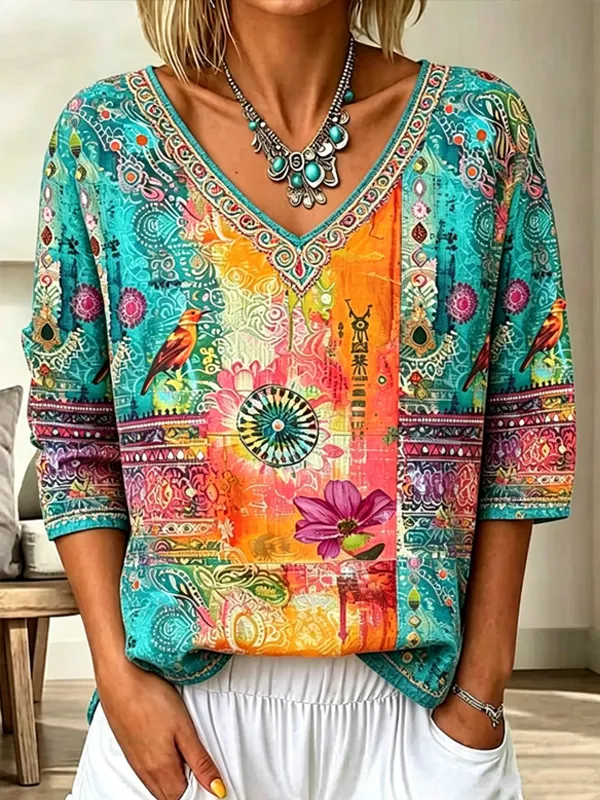 Women's Folk Art Flower Bird Paisley Print V Neck Long Sleeve T-Shirt