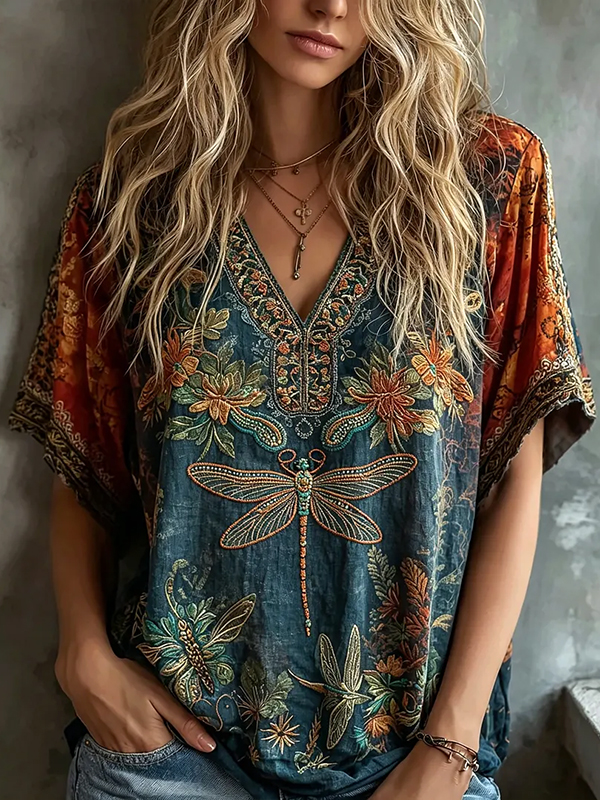 Women's Vintage Boho Dragonflies And Flowers Print V Neck T-Shirt