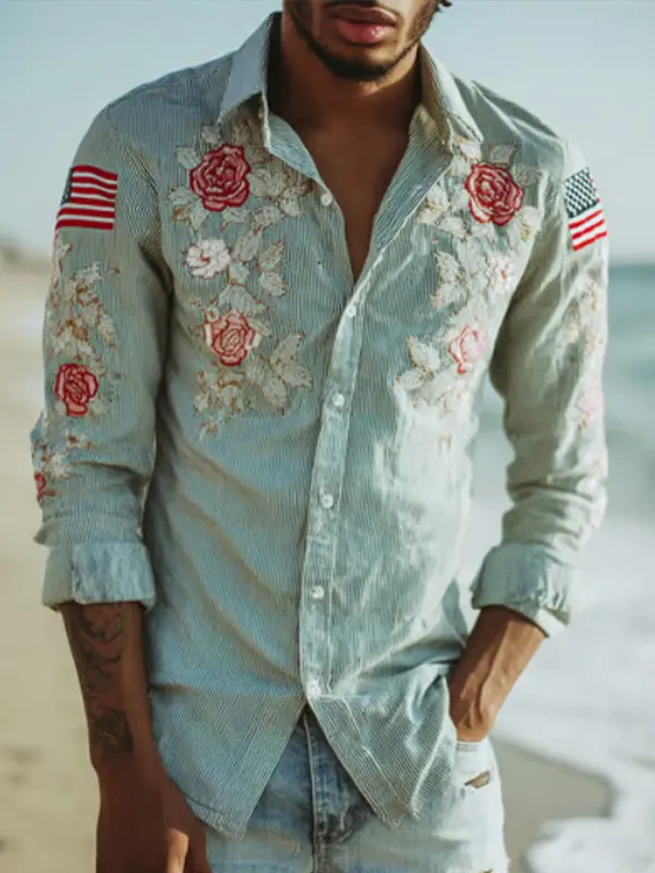 Men's Floral Rose US Flag Patch Art Print Long Sleeve Shirt