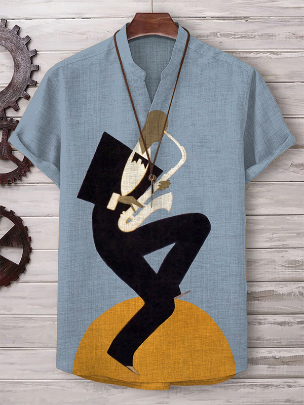 Men's Black Man's Blues Jazz Saxophone Art Print Linen Blend V Neck T-Shirt