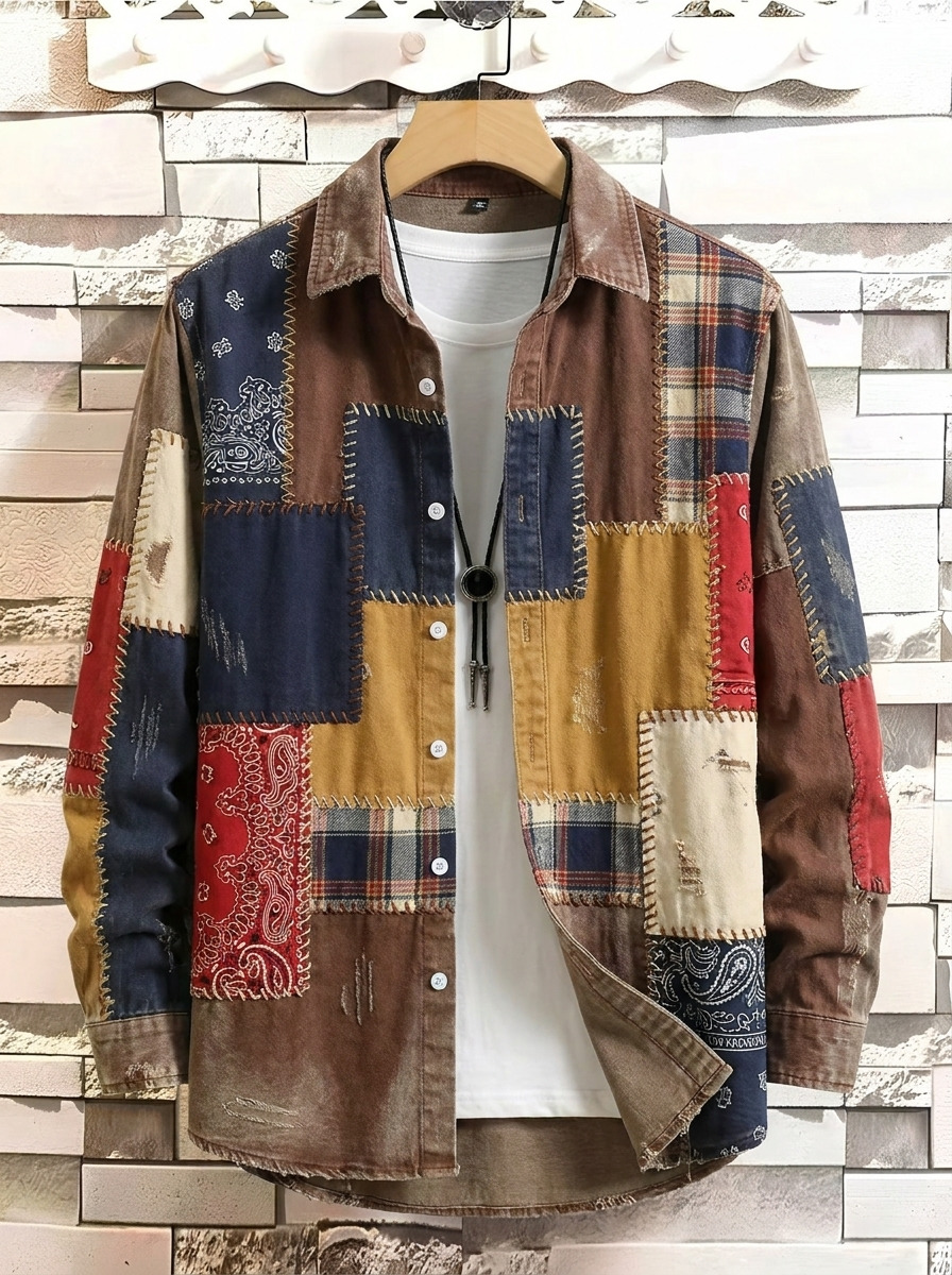 Men's Retro Paisley Pattern Colorblock Print Long Sleeve Shirt