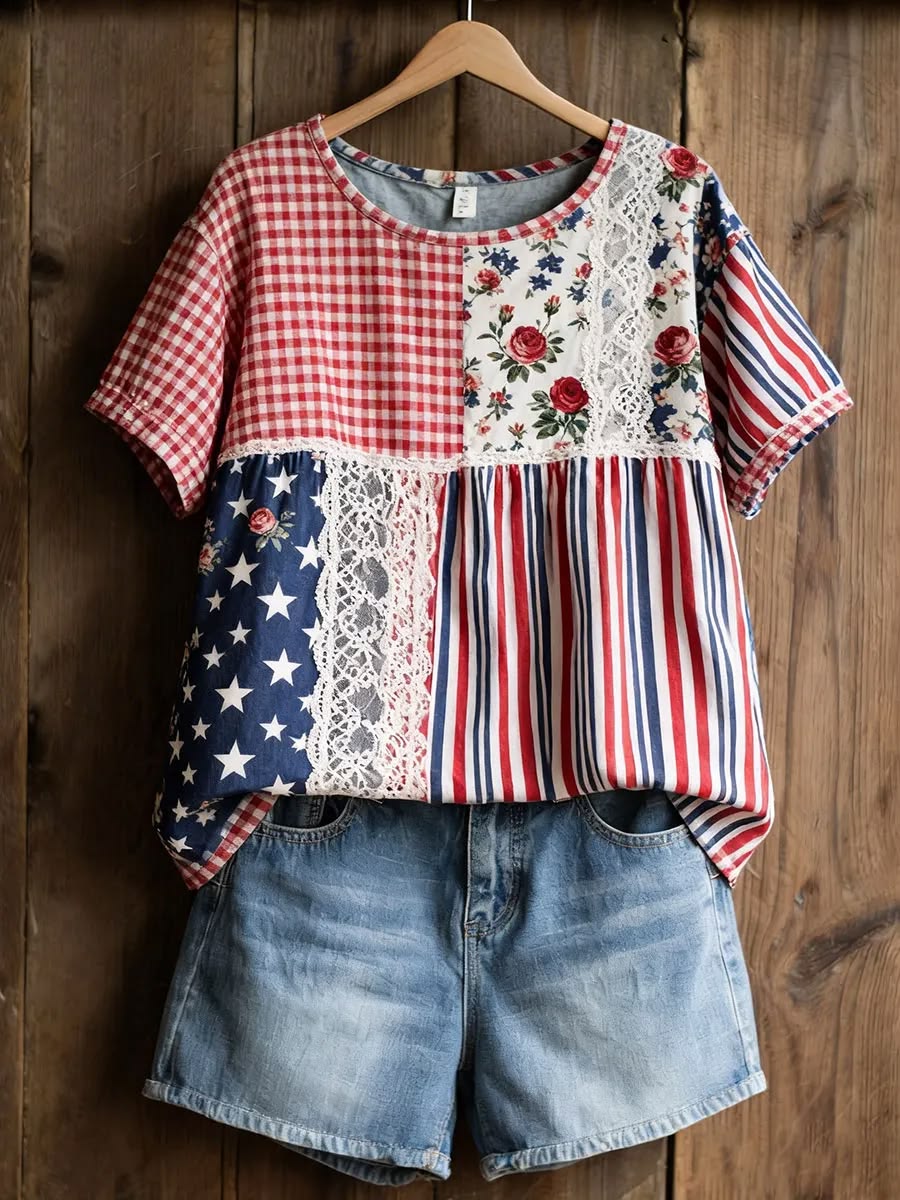 Women's Star Stripe Gingham Floral Independence Day Art Print Casual T-Shirt